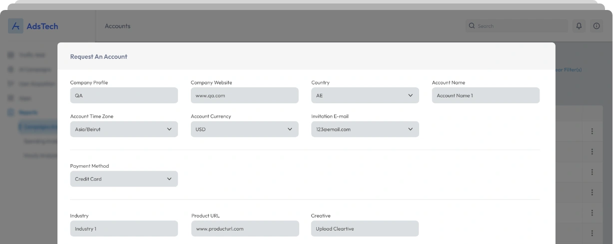 AdsTech dashboard showing request an account form with company details, country, currency, payment method, and product information fields