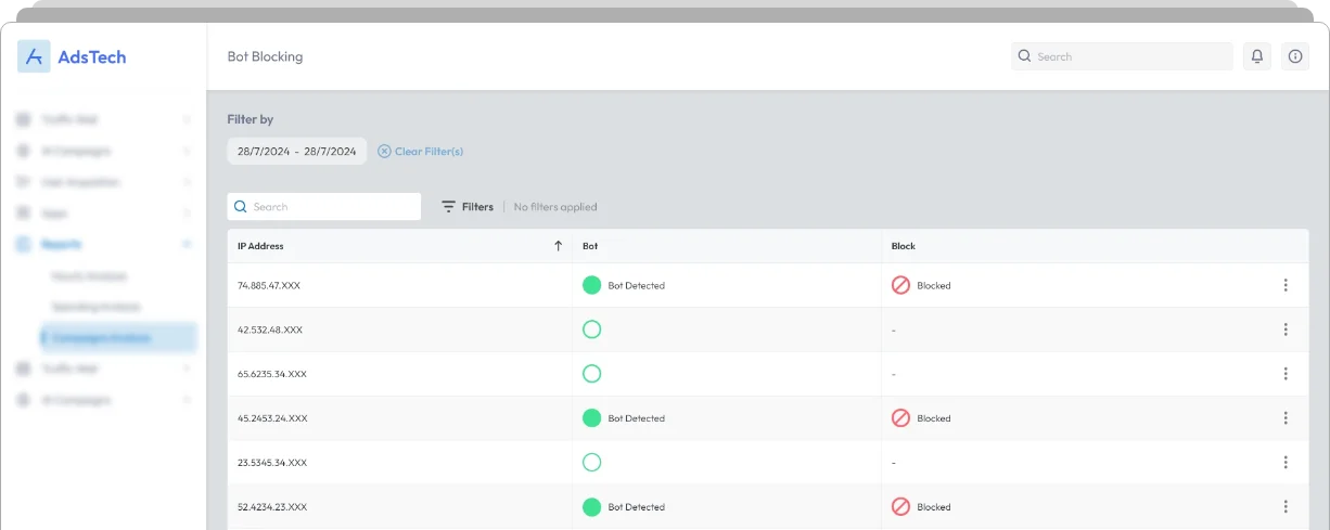 AdsTech dashboard interface showing bot blocking system with IP addresses, bot detection status, and blocked traffic