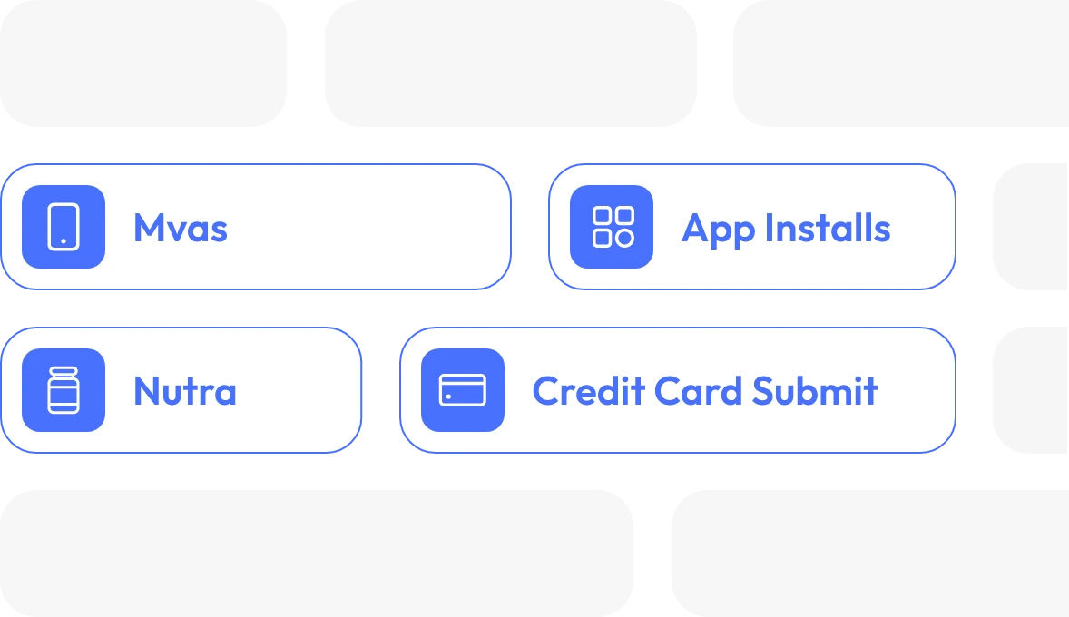 Vertical service menu showcasing Mvas, App Installs, Nutra, and Credit Card Submit options with icons in a clean UI layout