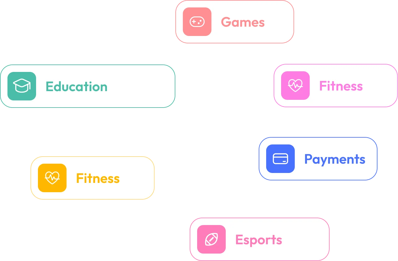Category icons representing digital offers including games, education, fitness, payments, and esports services